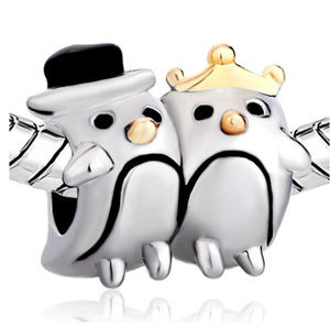 FREE S/H  Mr and Mrs Penguin 22kt Gold Plate Bracelet Charm - Fits Pandora